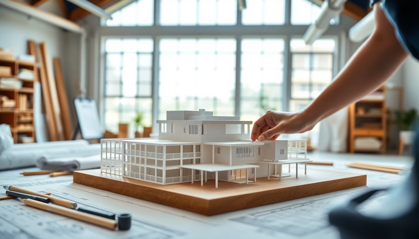 Architekturmodellbau Münster: Detailaufnahme eines Technikers, der mit Modellen in einem Atelier arbeitet.