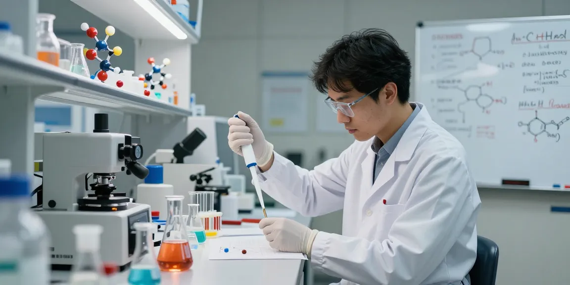 Researcher at swiss chems labs analyzing compounds for peptides in a vibrant lab setting.