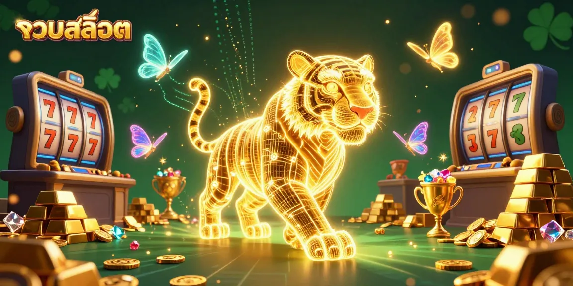 Engage with รวมสล็อต treasures in a vibrant casino scene featuring a glowing tiger and enchanting butterflies.
