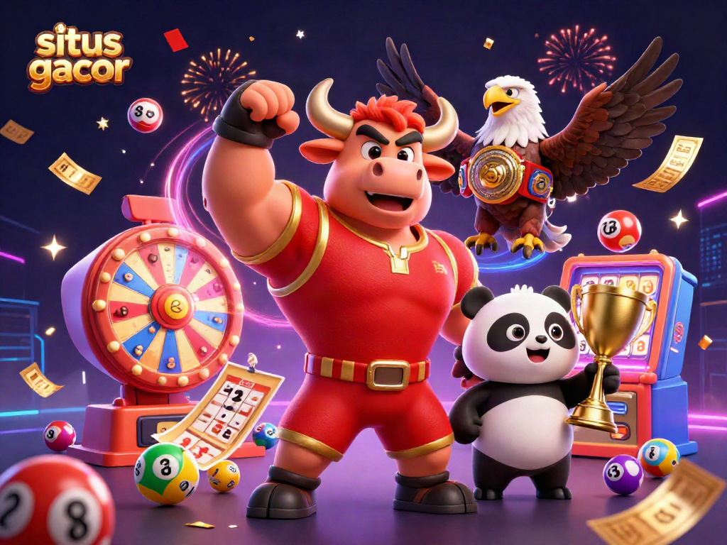 Win big with situs gacor as the energetic bull mascot celebrates alongside a triumphant eagle and panda.