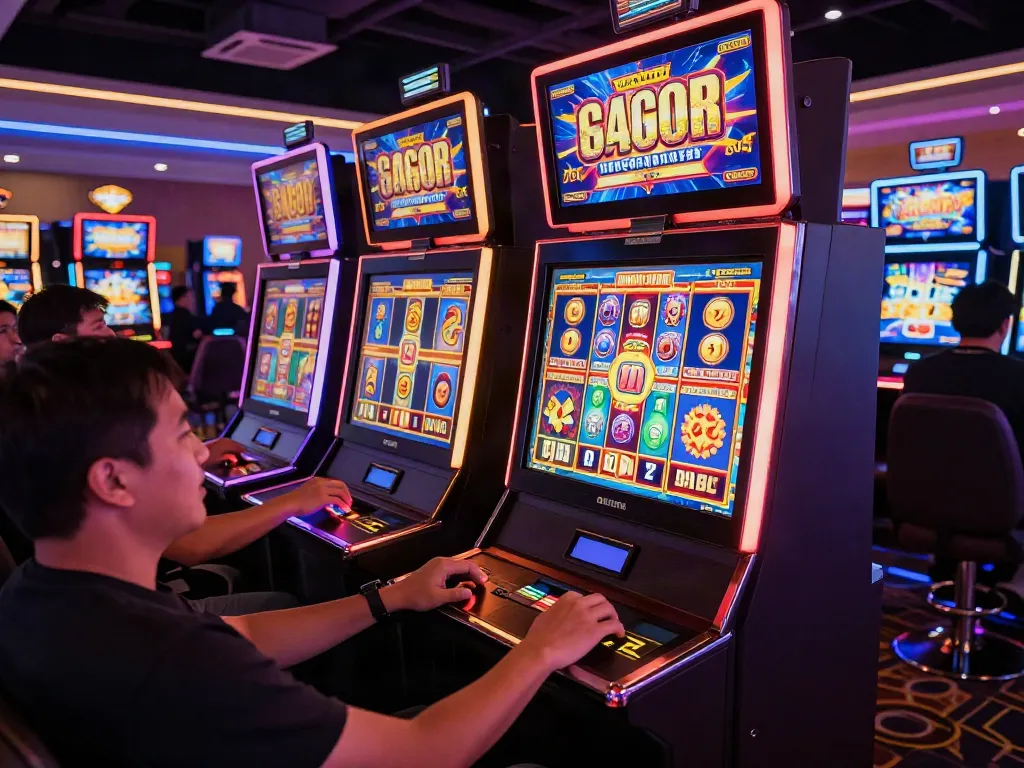 Excited players engaging with slot gacor machines in a lively casino atmosphere.
