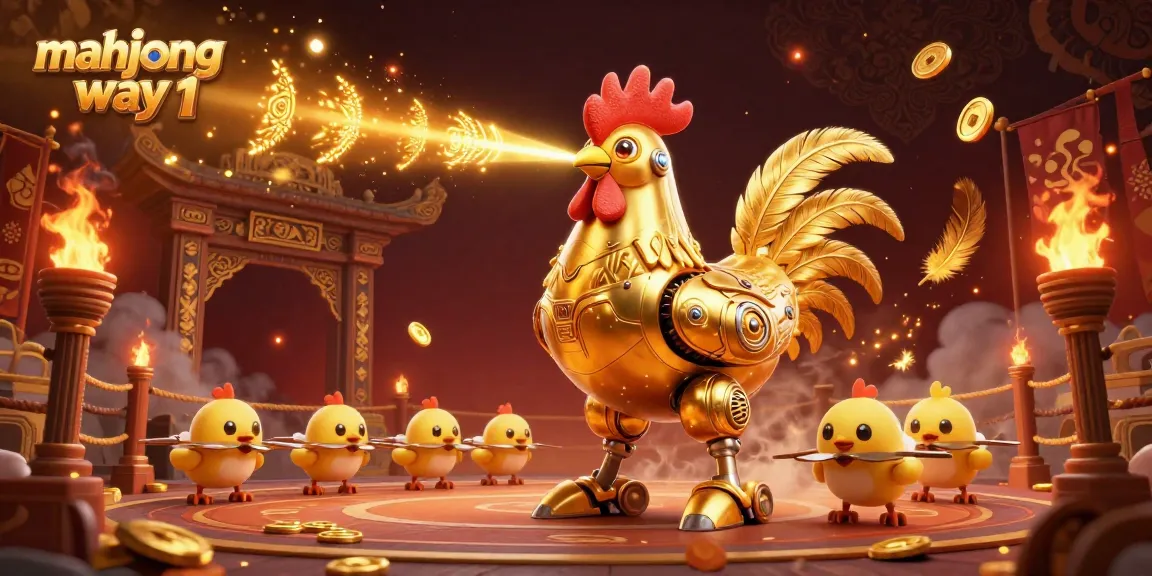 Engage with Mahjong Way 1 illustration featuring a golden rooster robot and baby chick drones, set in a dynamic casino environment.
