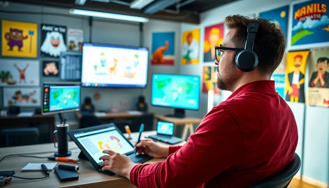 Animation erstellen Lebenszyklus in einem kreativen Studio mit Produkten und Tools.