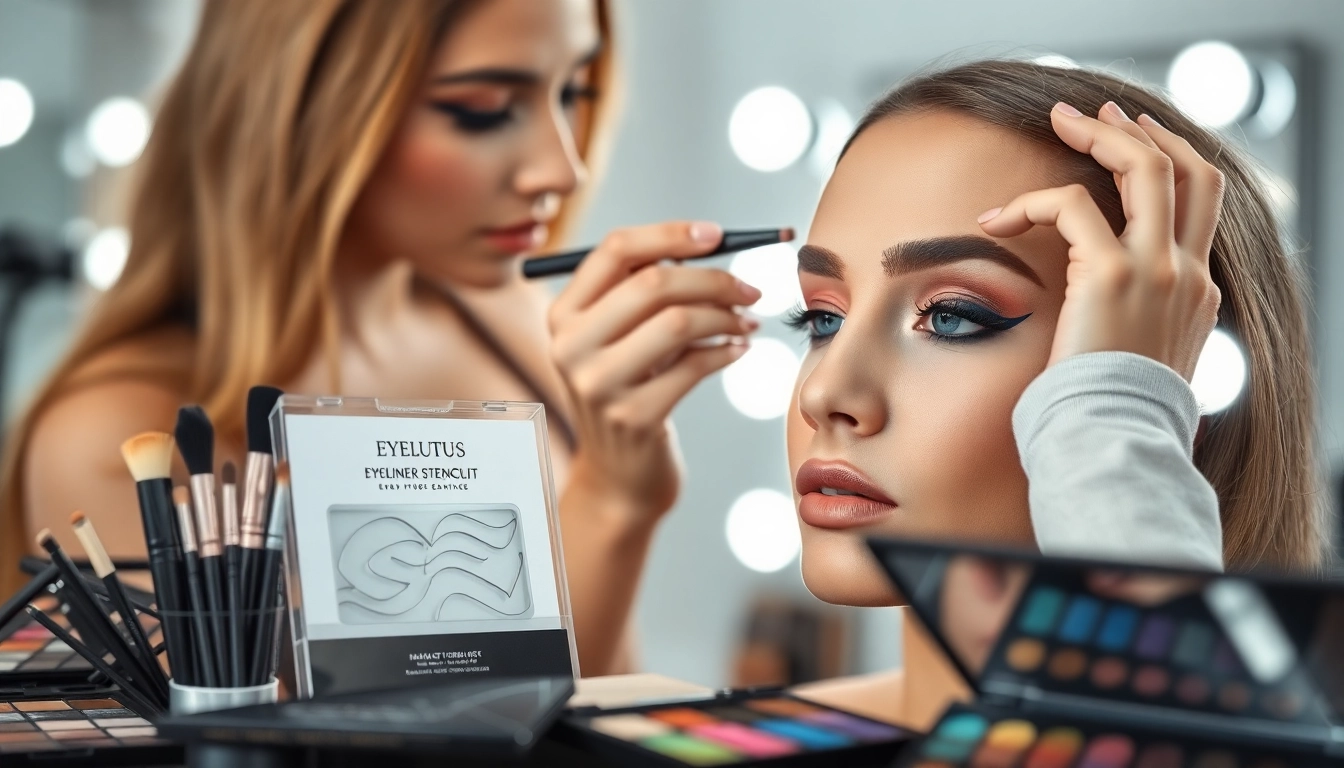 Apply an eyeliner stencil for perfect eye makeup precision with this professional setup.