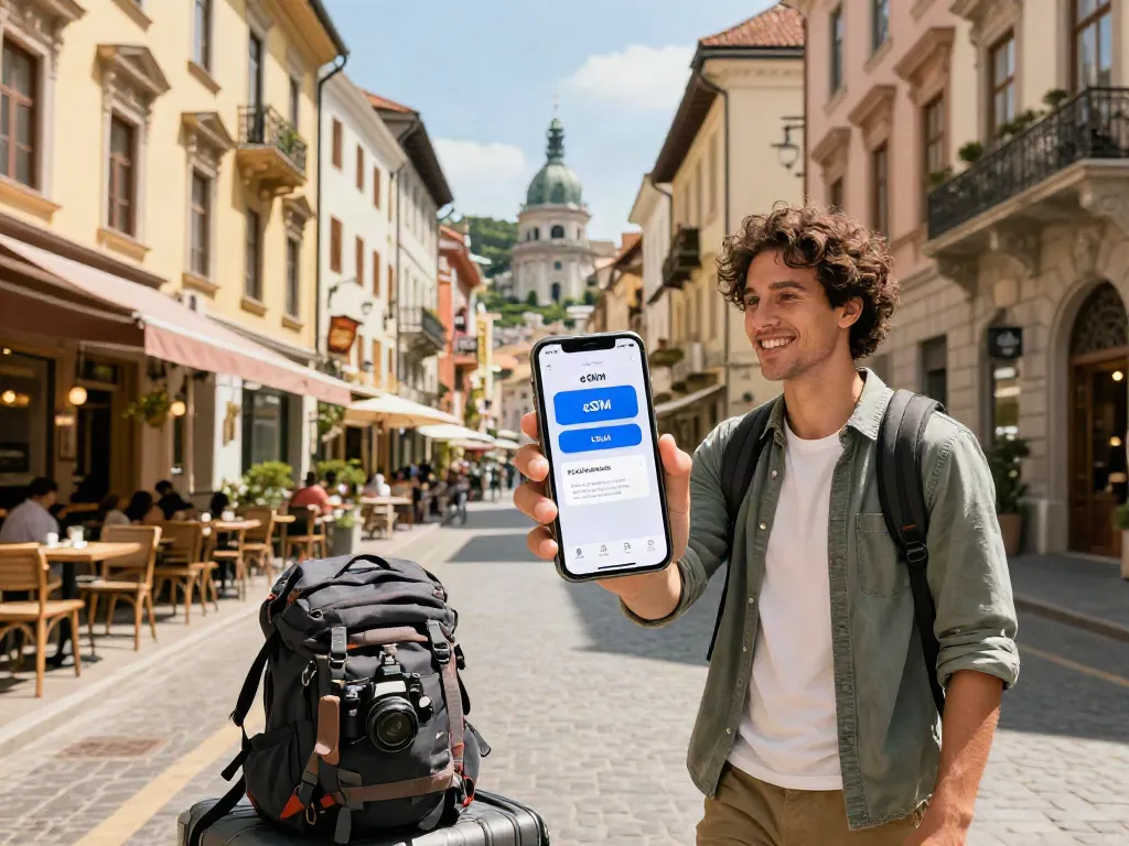 בון נוסע עם eSIM לחו"ל בעיר אירופאית, מחייך עם טלפון חכם
