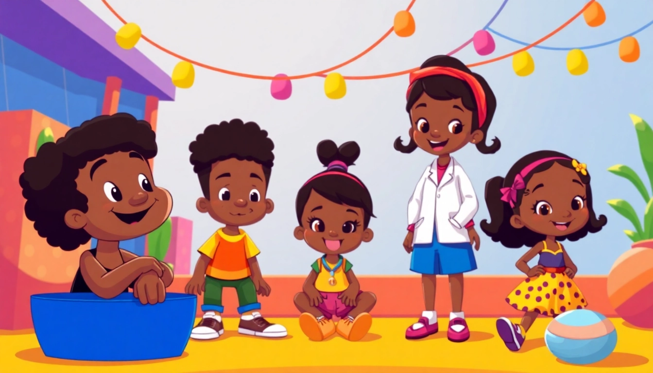 A colorful illustration of iconic African American Cartoons characters in a playful setting, celebrating creativity and representation.