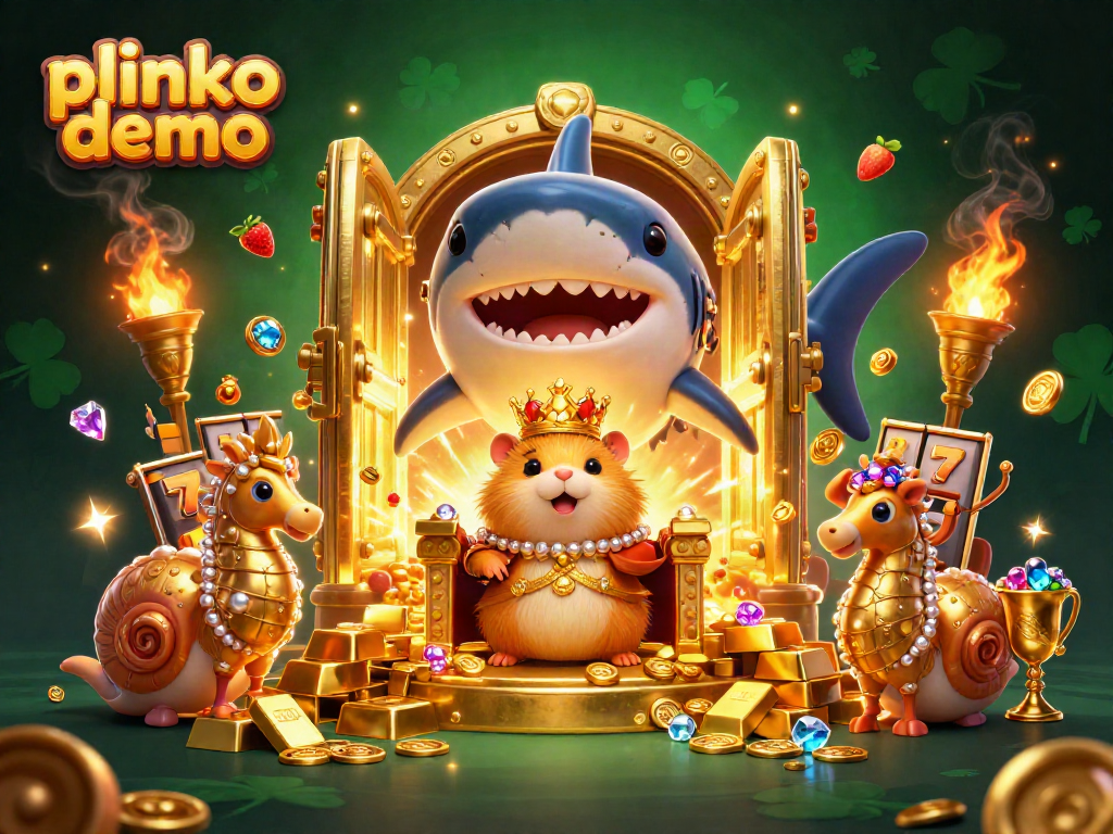 Experience the excitement of a plinko demo with a golden hamster king throne surrounded by jewels and slot elements.