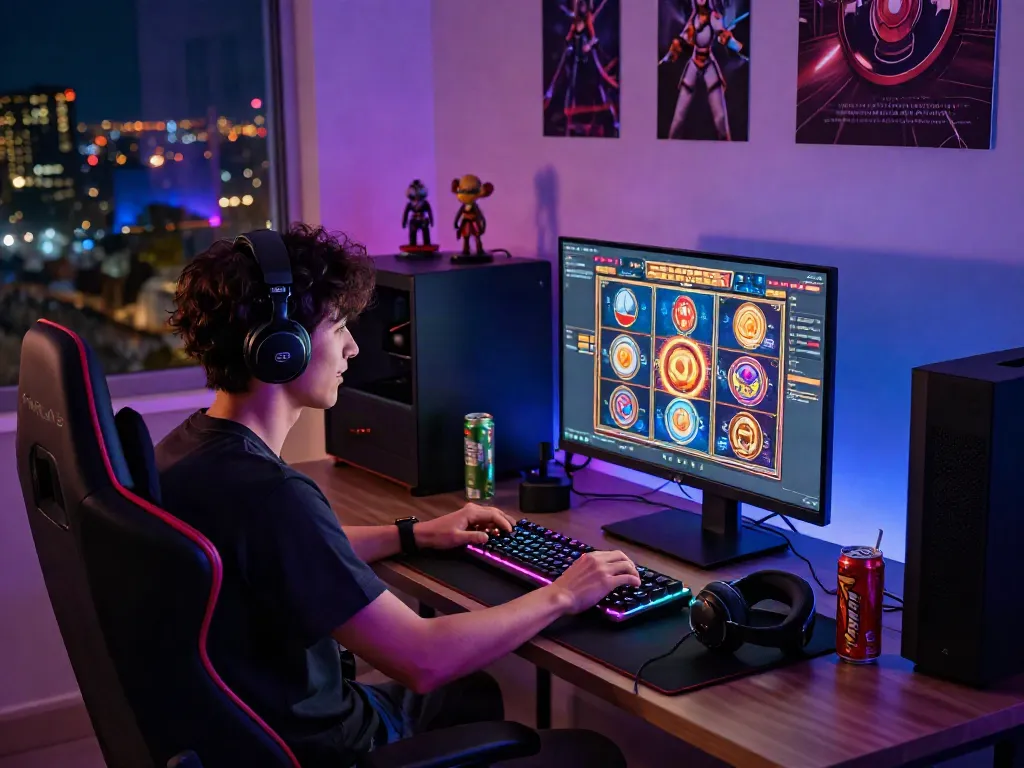 Gamer enjoying a thrilling online slot game experience with vibrant visuals and gaming accessories in a cozy, energetic atmosphere.