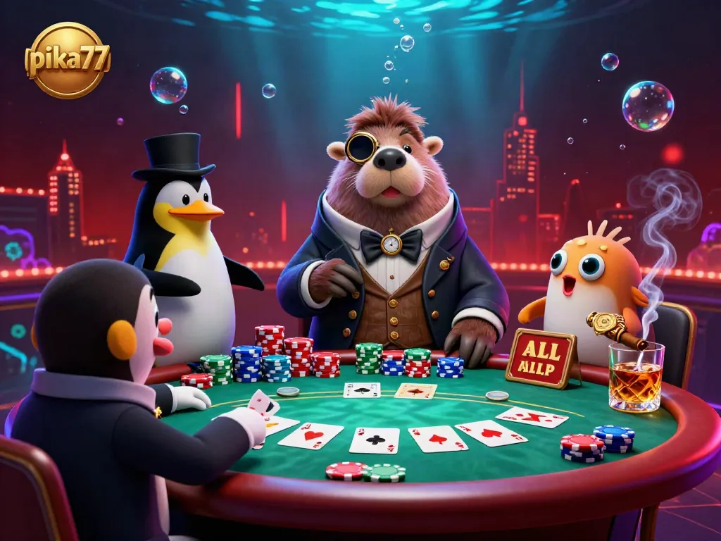 Experience thrilling gameplay with the jolly walrus and sophisticated dealer at pika77's underwater casino table.