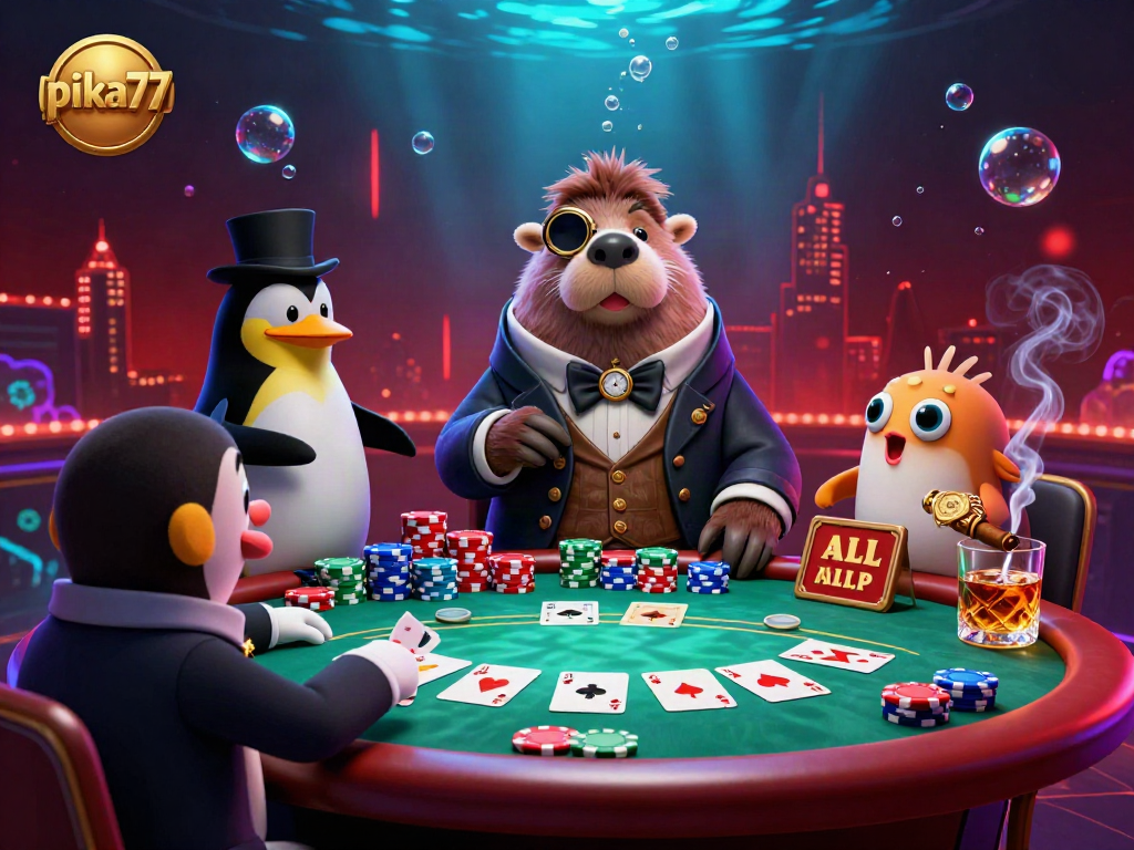 Experience thrilling gameplay with the jolly walrus and sophisticated dealer at pika77's underwater casino table.