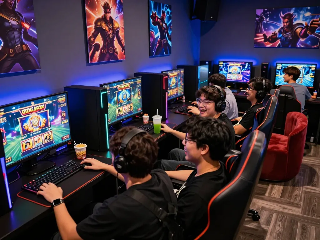 SeKelompok gamer menikmati permainan situs slot gacor di ruang santai yang penuh warna.