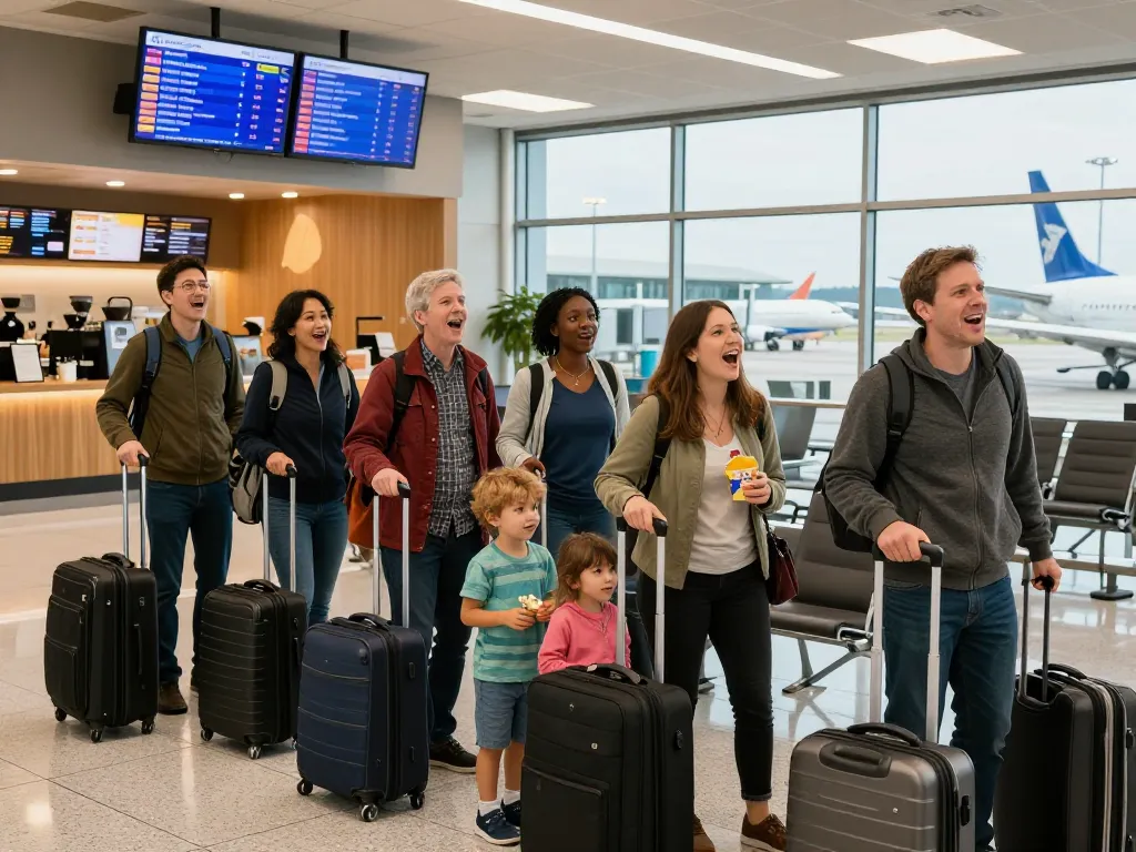 Travelers excitedly waiting for their flight to Birmingham Airport from Halifax at the airport boarding gate.