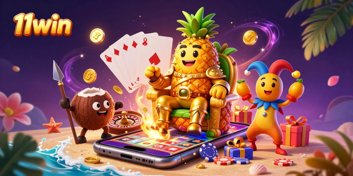Engage with 11win's vibrant casino scene featuring a golden pineapple king, dynamic slot games, and immersive beach elements.