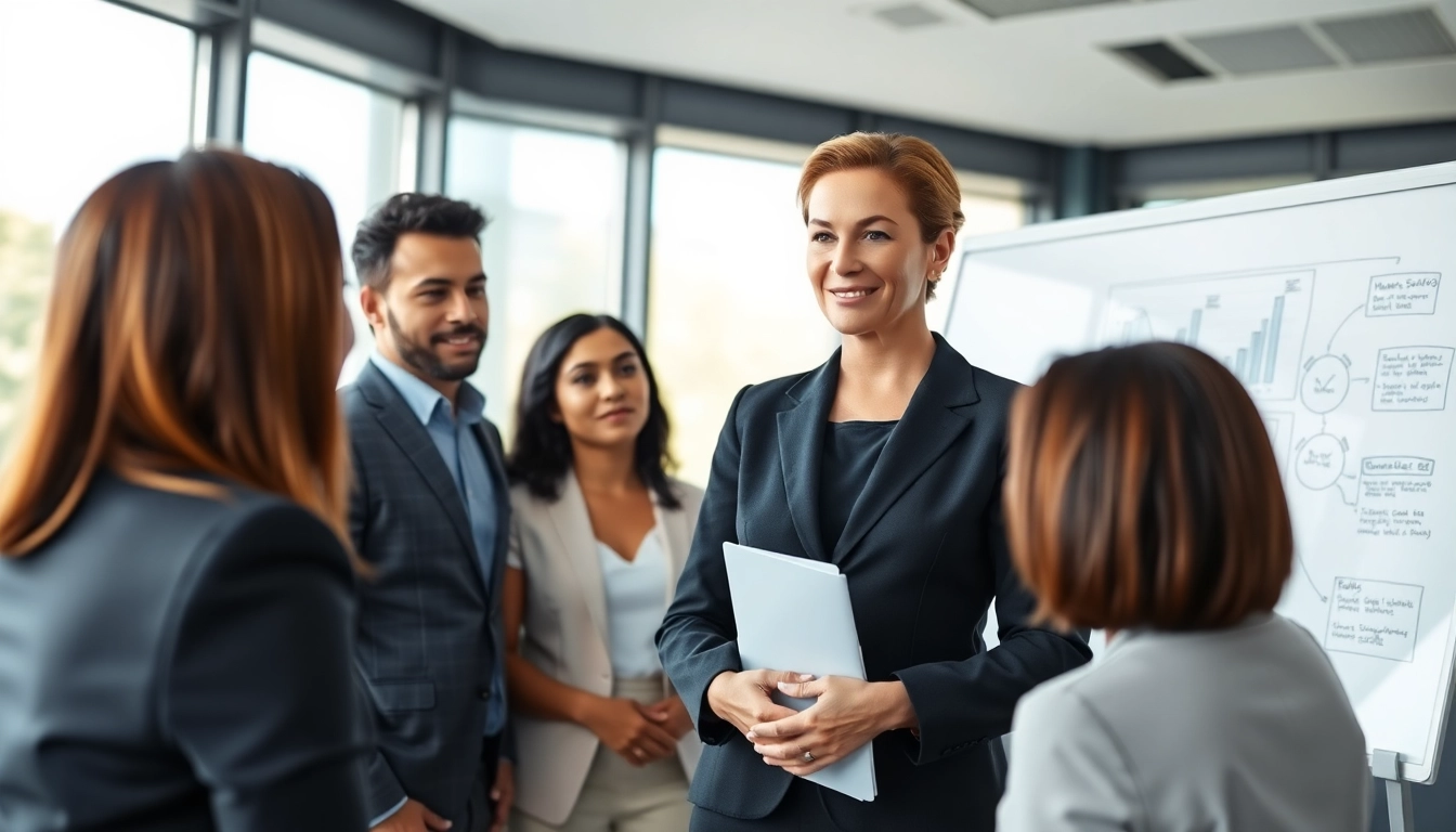 Crisis management consultant leading a strategic discussion with clients in a modern office environment.