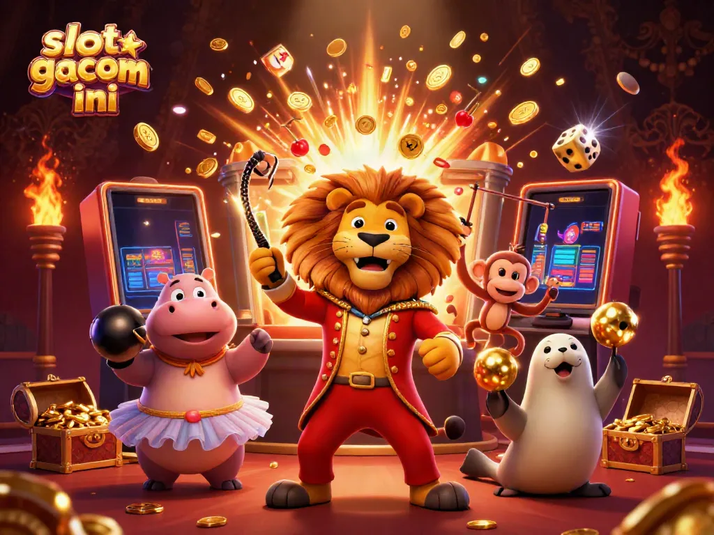 Slot gacor malam ini menggambarkan momen mengesankan dengan karakter kasino lucu dan elemen game berkilau.