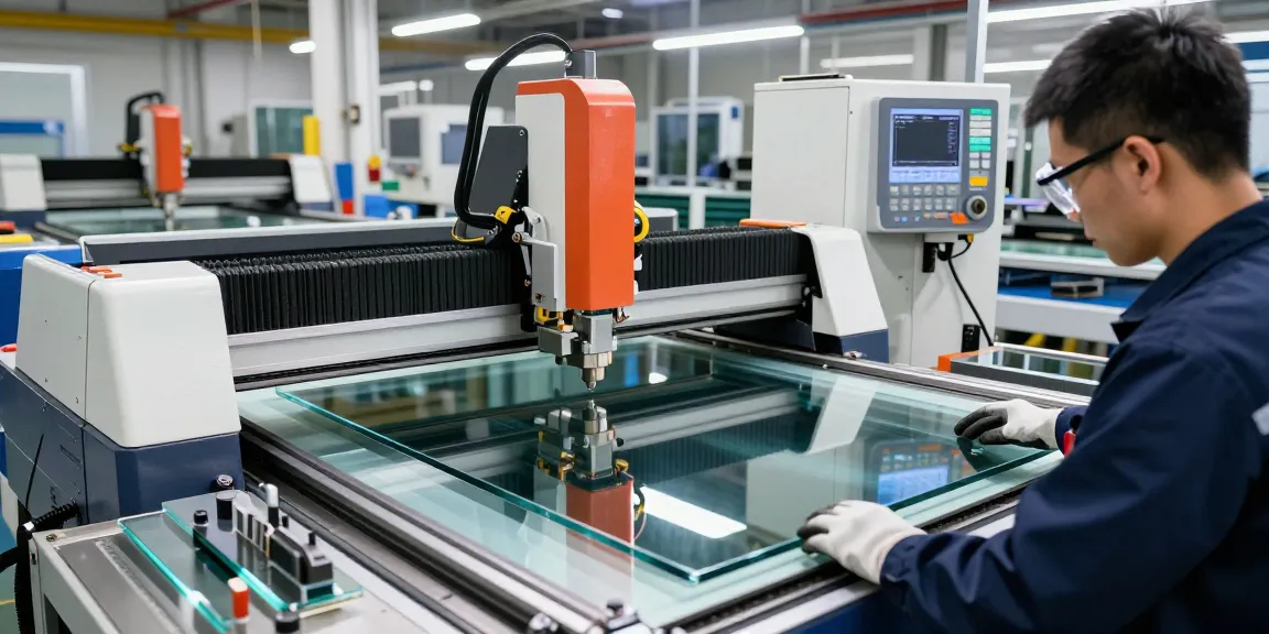 Technician operating a cutting machine glass in a modern industrial workshop, with precision tools and equipment around.