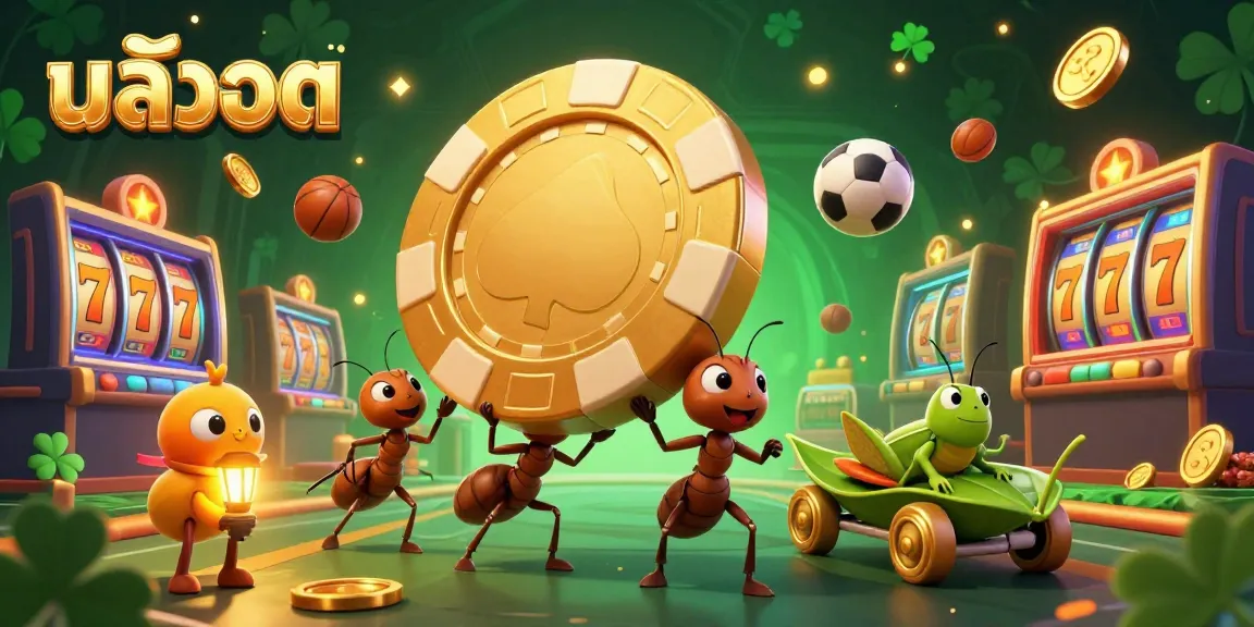 Experience thrilling สล็อต games with adorable ants carrying a giant poker chip in a colorful casino scene.