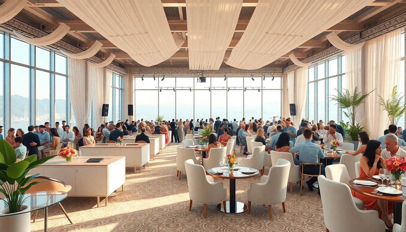 Vibrante Event Location mit eleganter Dekoration und einladenden Sitzgelegenheiten.