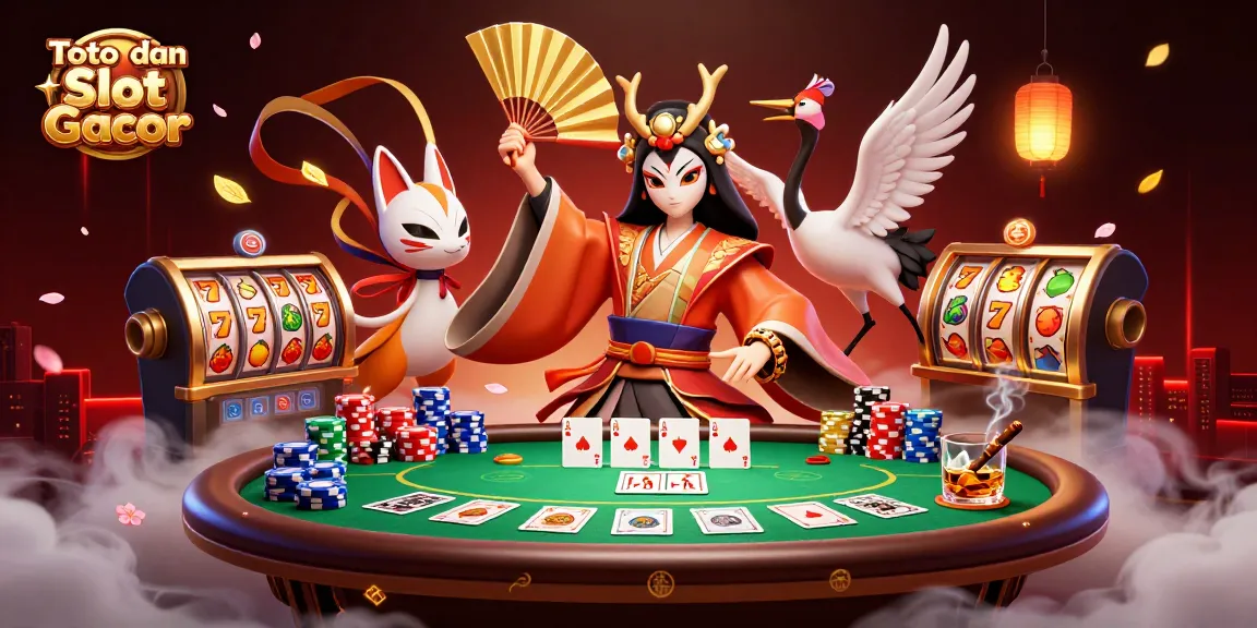 Toto dan Slot Gacor scene showcasing a kabuki warrior with colorful poker elements and lively slot features