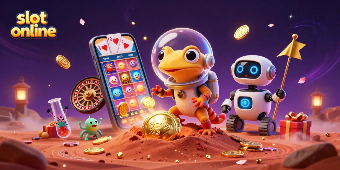 Mainkan slot online dengan karakter unik di kasino emas di Mars, dikelilingi elemen permainan yang menarik.