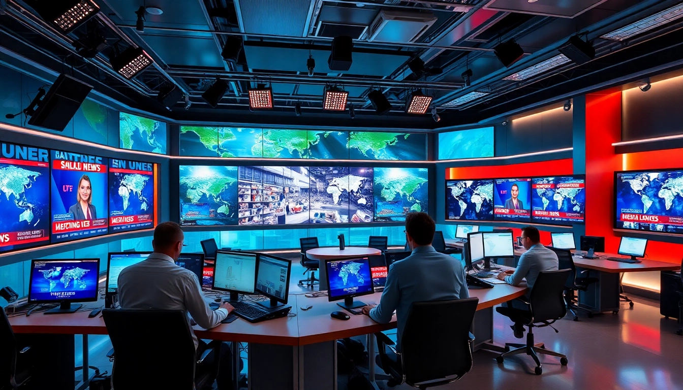 Catch the latest news updates from a modern newsroom with vibrant displays.