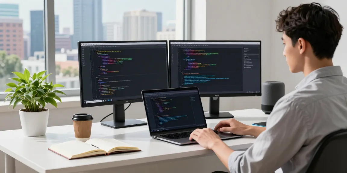Modern tech workspace illustrating 纸飞机中文版 coding environment with dual monitors and productivity elements.
