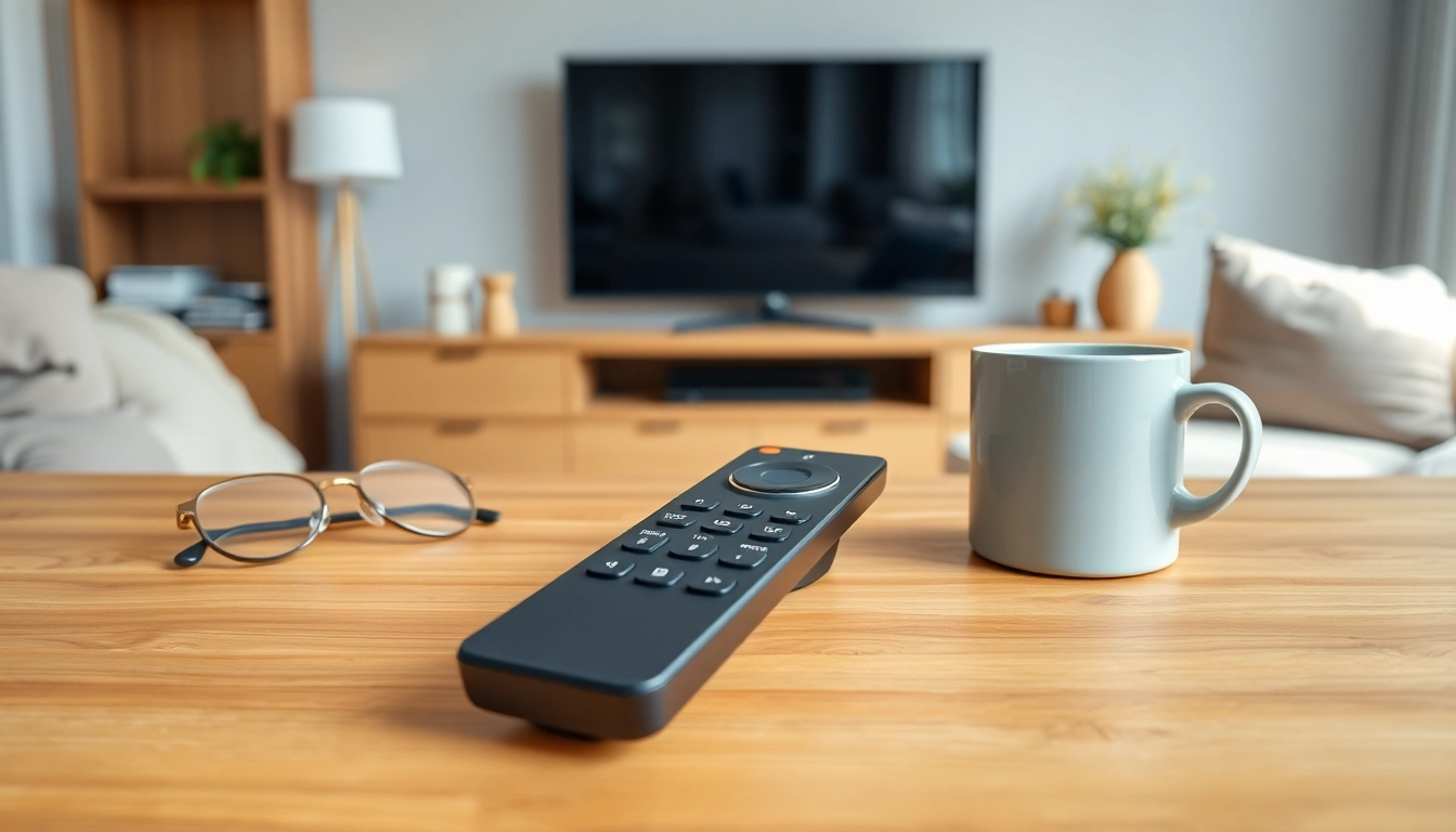 Die Smart Fernbedienung Samsung auf einem modernen Tisch hebt sich durch ihr elegantes Design hervor.