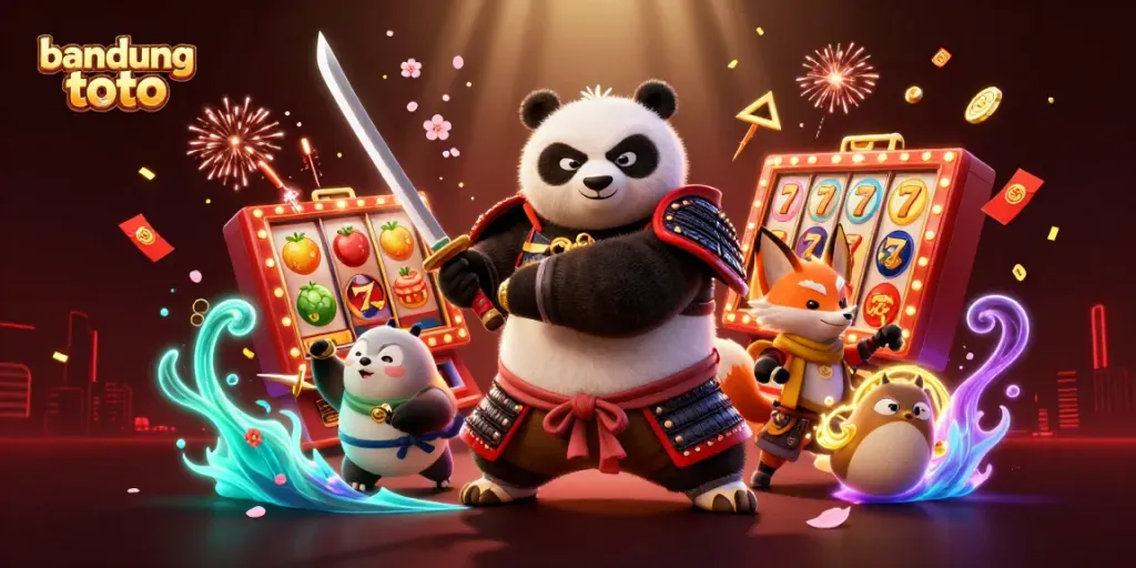 Experience an exciting gaming adventure with Bandung Toto's dynamic slot scene featuring spinning reels and vibrant elements.