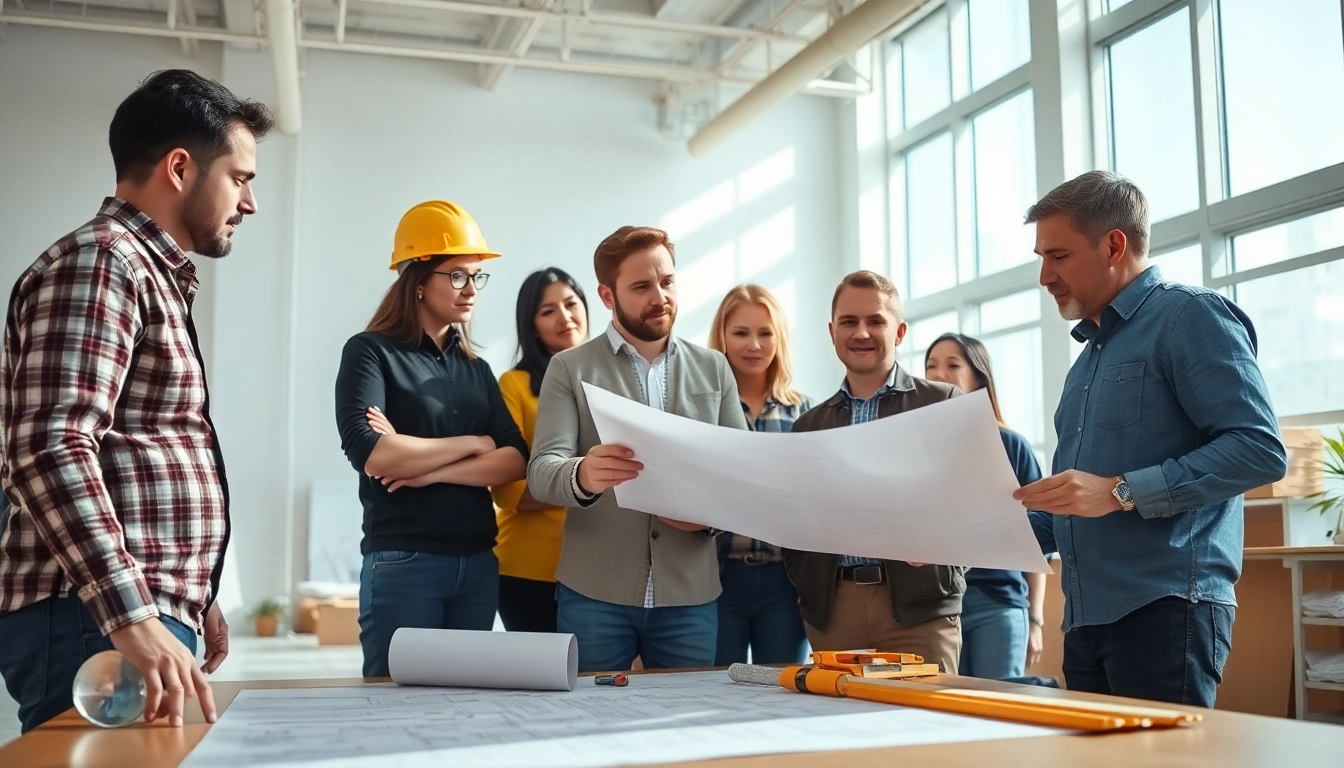 Construction member organization collaborating in a bright, energetic office with blueprints and plans.