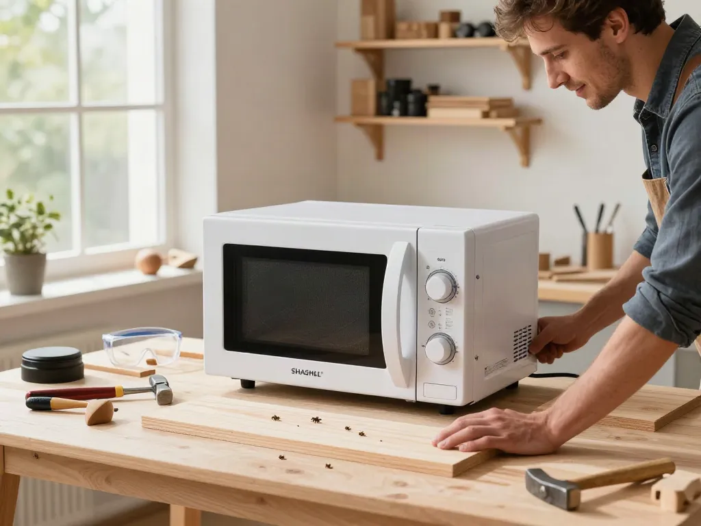 Expert craftsman using SHASHEL® microwave equipment in a bright workshop for effective wood treatment against pests.