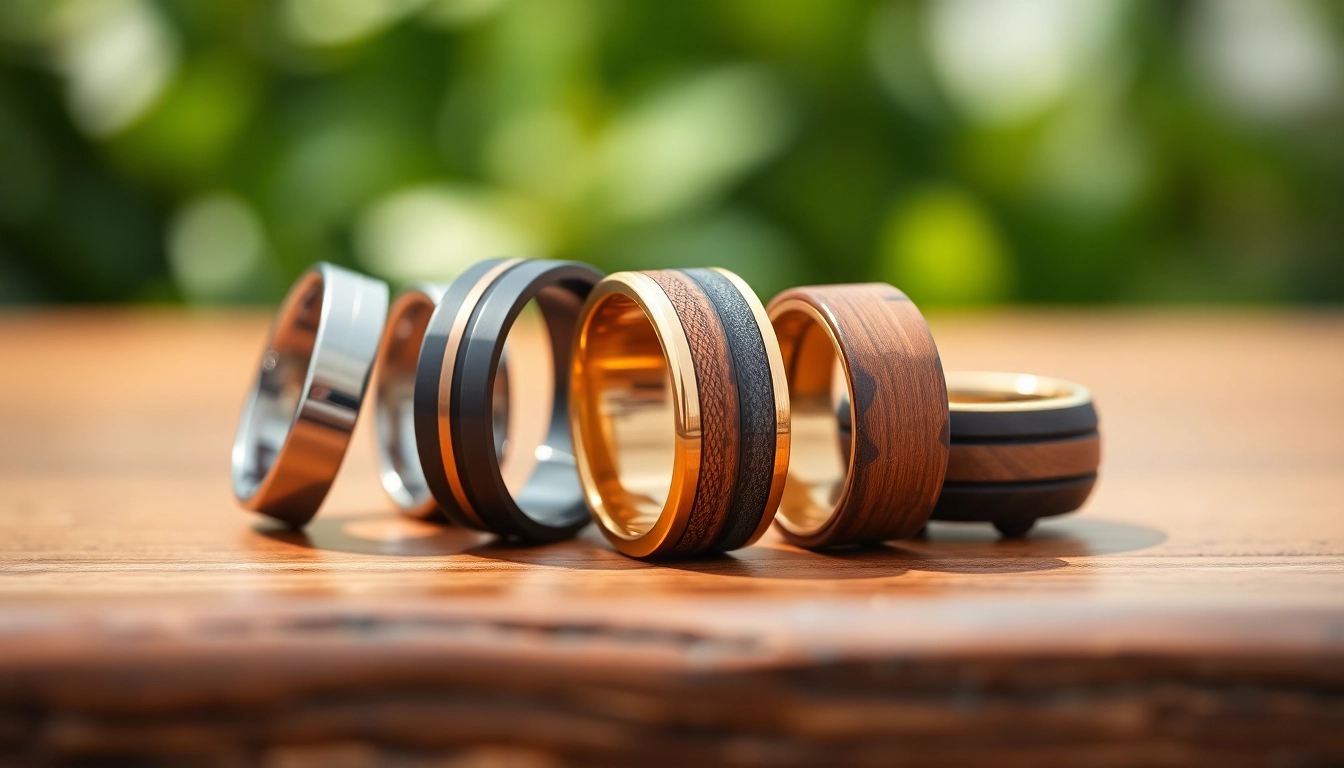 Explore unique wedding bands for men showcasing diverse materials and artisan craftsmanship.