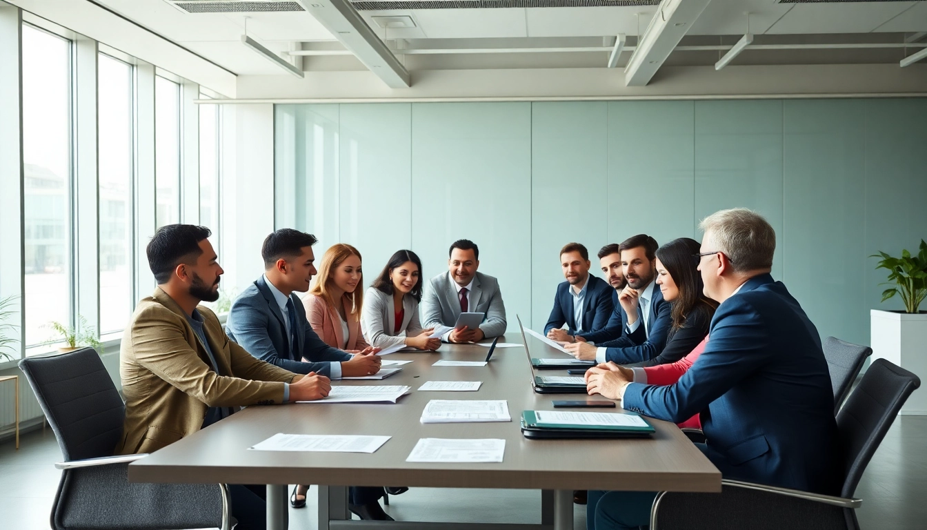 Engaged professionals discussing Federal and State contracts and grants in a modern office environment.