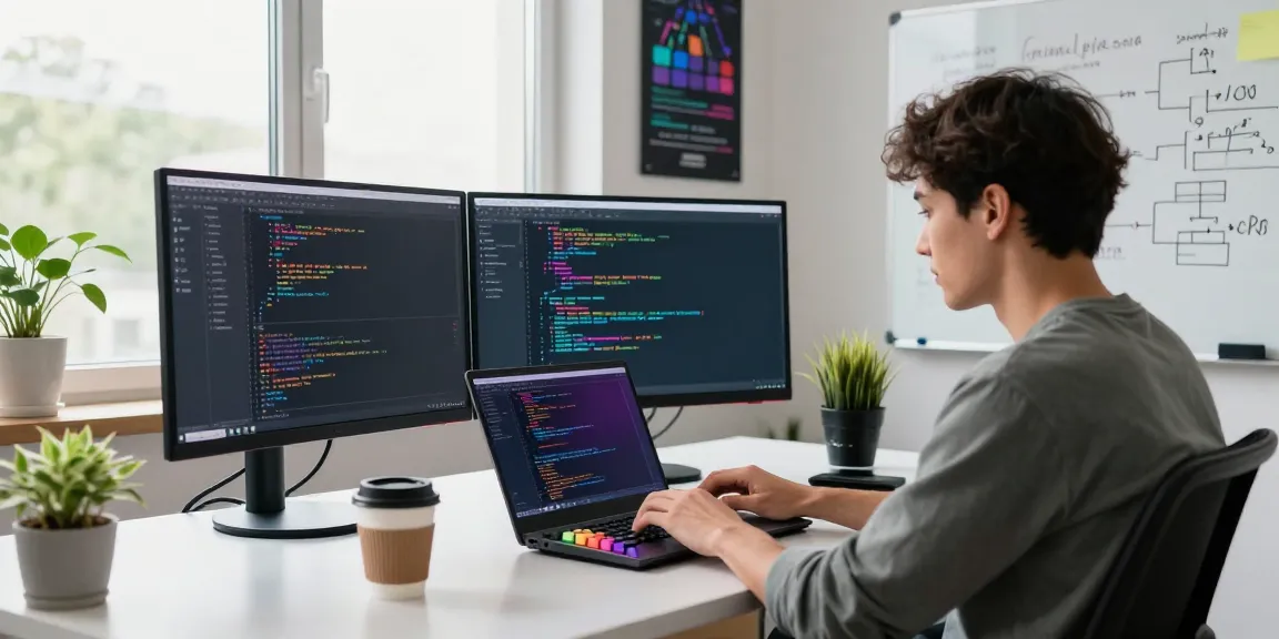 Developer at a tech workspace focusing on coding with multiple screens, showcasing 纸飞机中文版 applications.