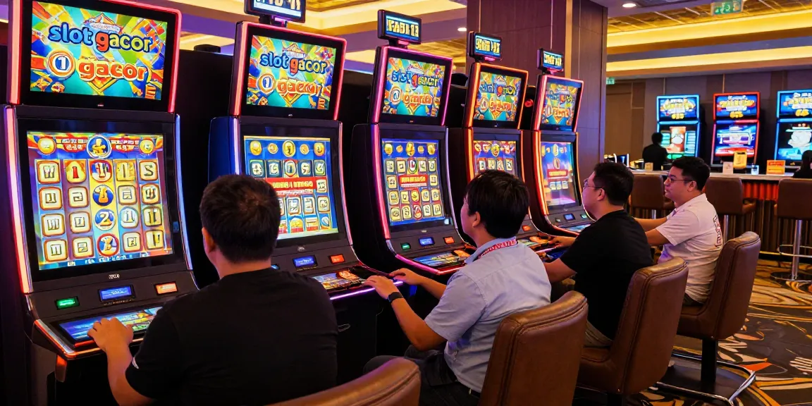 Players engaged in "slot gacor" games in an exciting casino atmosphere, showcasing bright screens and vibrant promotions.