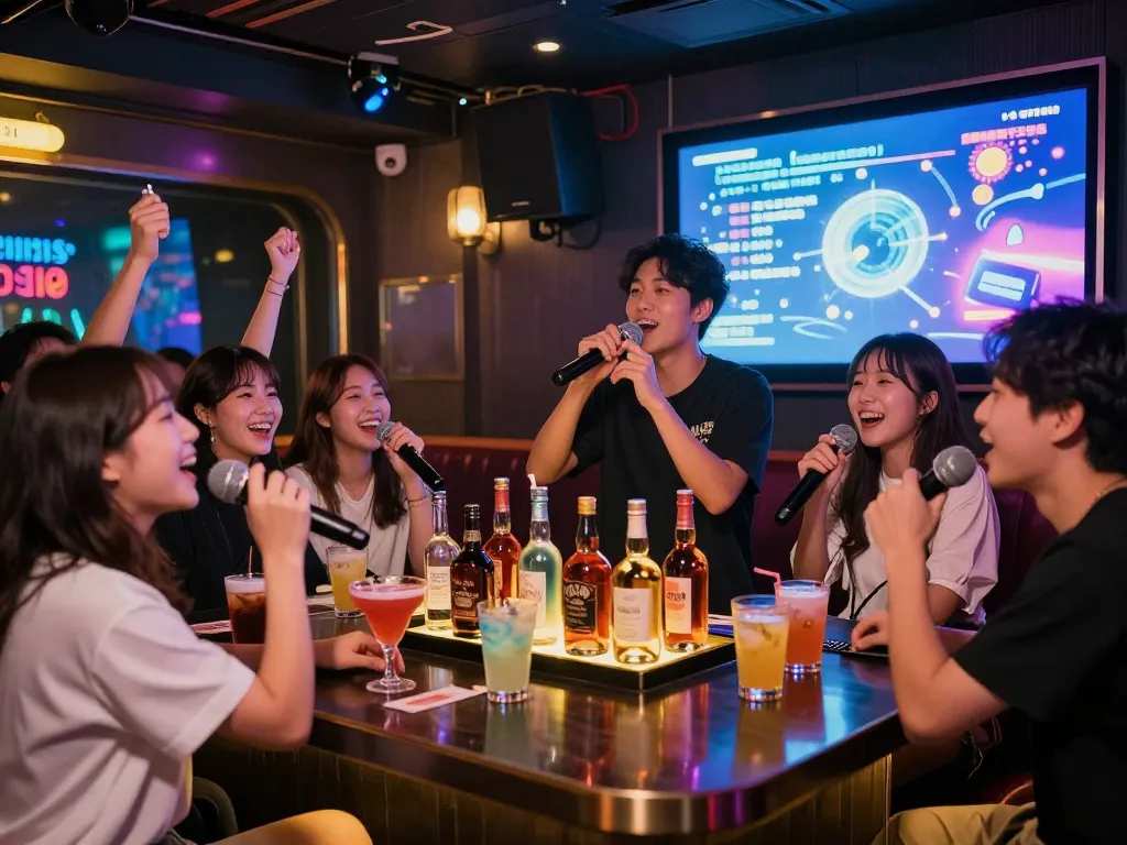 Dynamic nightlife at https://www.magic4karaoke.com/ showcasing friends enjoying karaoke and drinks in a lively setting.