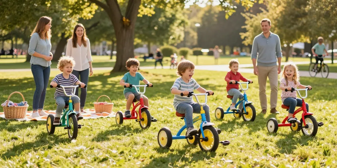 The best kids tricycles in action as children joyfully ride in a sunny park, showcasing vibrant designs and a fun atmosphere.