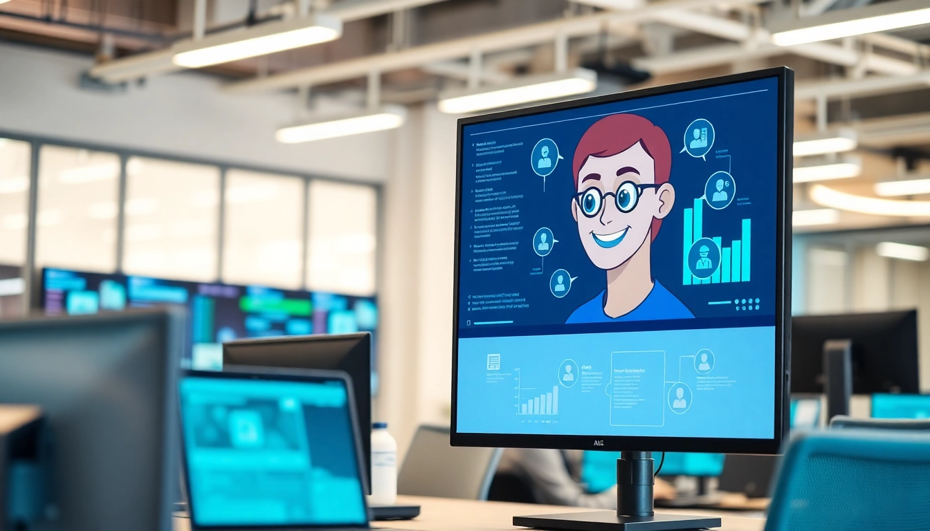 Engaging assistant for enterprise on a monitor in a modern office environment.