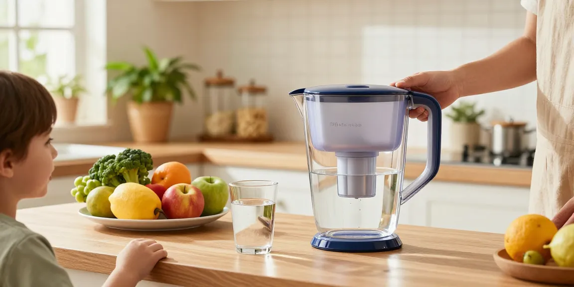 Waterdrop Water Filter Pitcher with 1 Filter in a sunny kitchen, family member filling a glass, promoting healthy hydration.