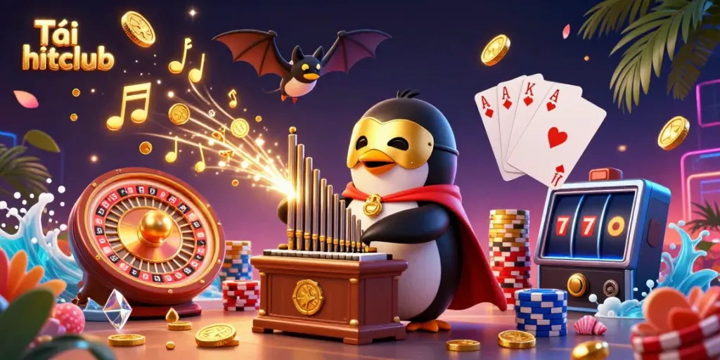 Experience excitement as you Tải hitclub and engage with a penguin playing an organ shooting coins in this vibrant casino scene.