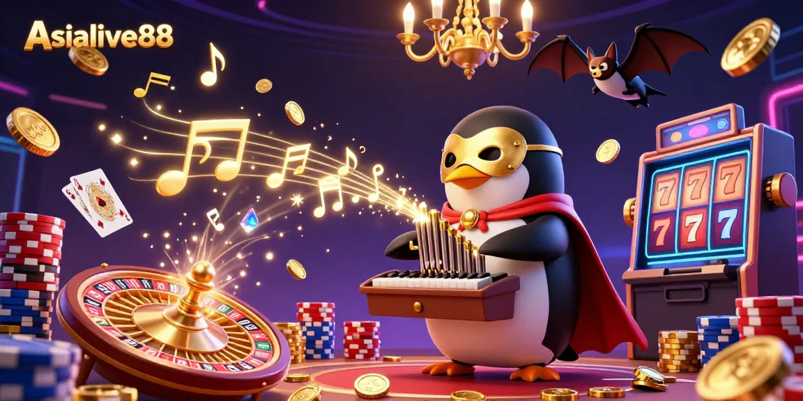Experience excitement at Asialive88 with a vibrant casino scene featuring extravagant characters and dynamic game elements.