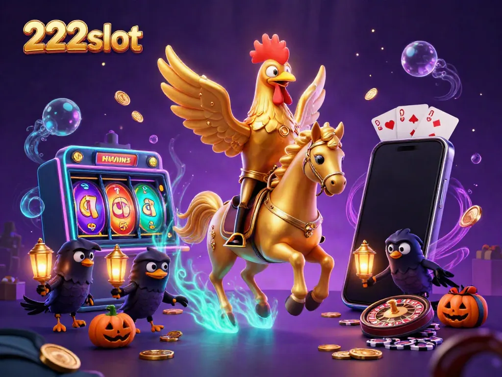 Gambaran 222slot dengan ayam jantan emas di kasino malam yang penuh keseruan.