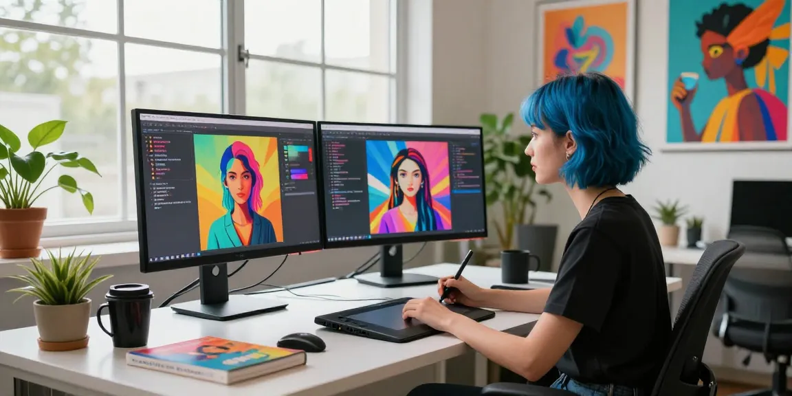 Creative workspace with an artist generating ai prompt images using dual monitors and colorful artwork