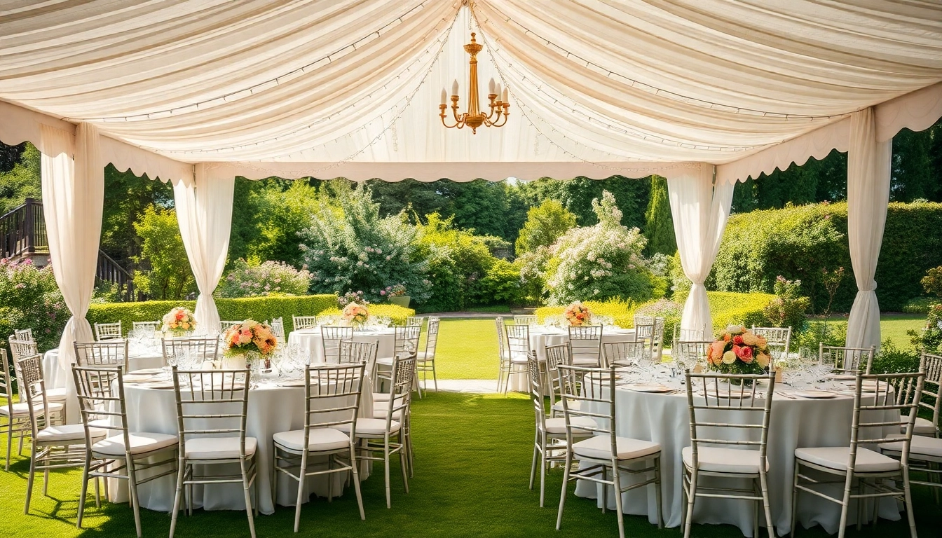 Discover stunning Wedding Tent Chair & Table Rentals set up for an outdoor wedding reception.