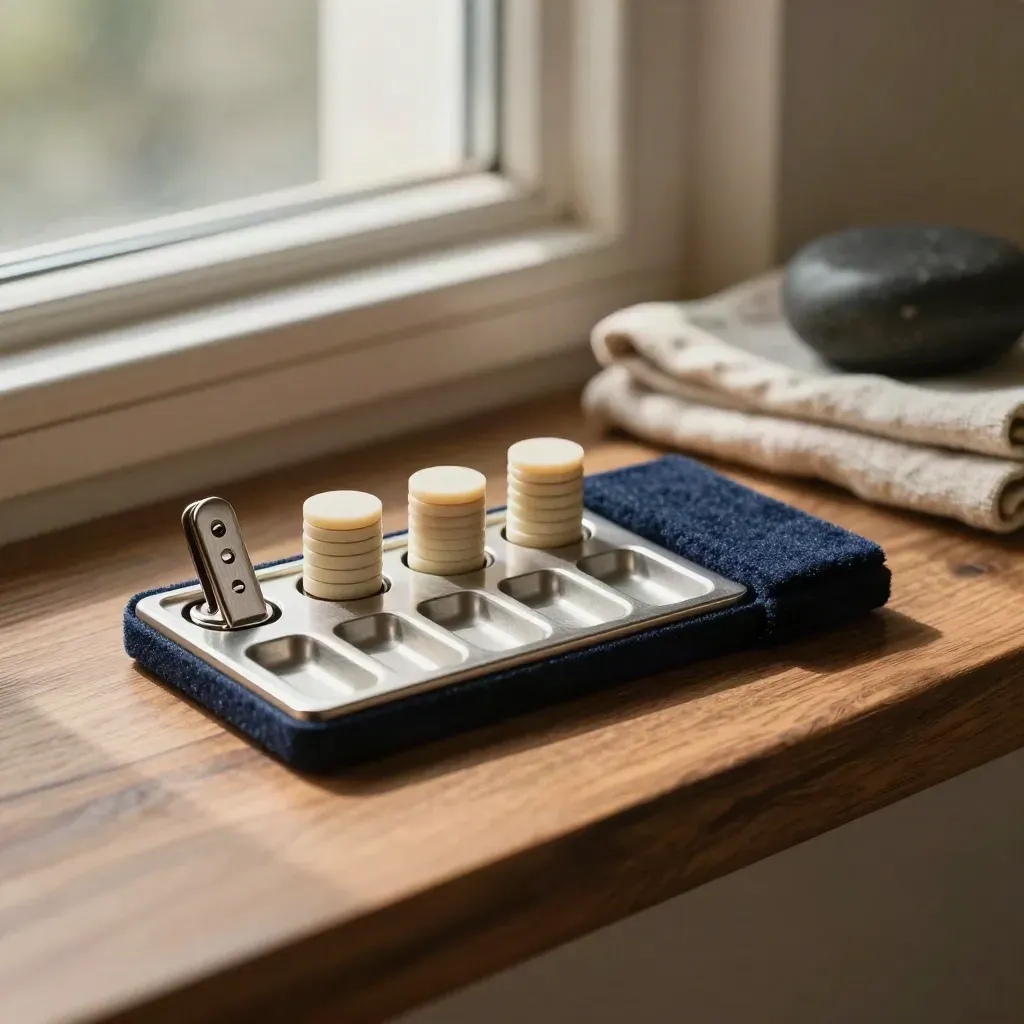 Weekly accountability kit with clips, tokens, and tally tray on a warm walnut ledge.