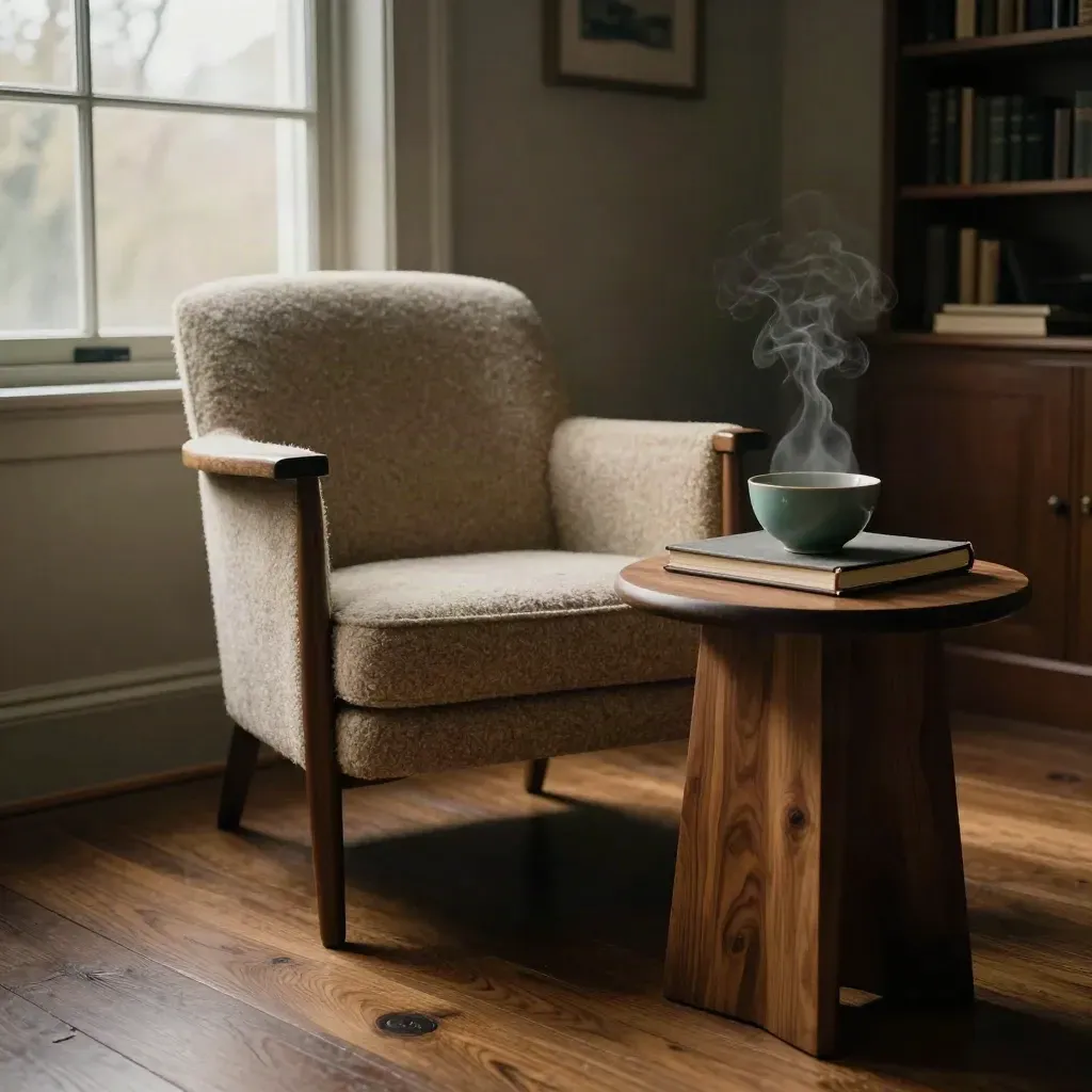 Cozy coaching nook with chair, side table, closed notebook, and steaming tea bowl in warm window light.