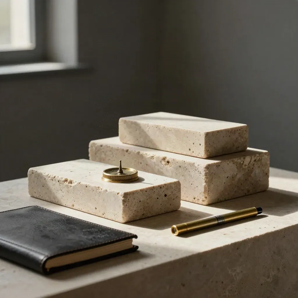 Travertine blocks, brass dial, and folio in a coaching alcove under warm light.