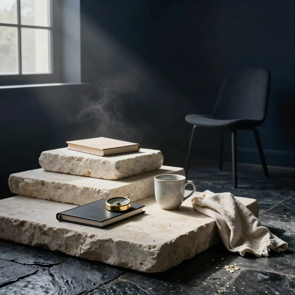Stone plinths, brass compass, notebook and linen throw in a moody coaching studio corner at dawn.