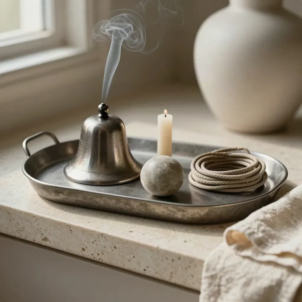 A reset tray with a bell, smoking candle stub, stone sphere, and neatly coiled cord on travertine.