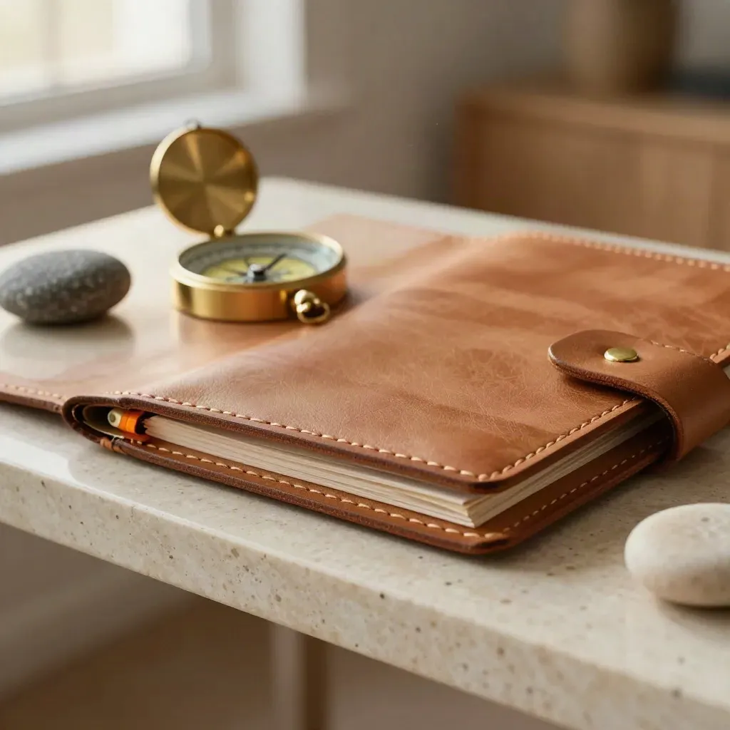 Leather coaching folio with brass compass, stone paperweight and pebble on travertine.