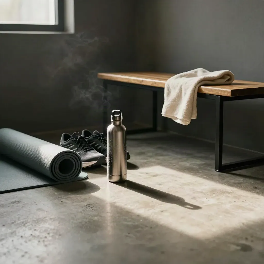 Home fitness corner with mat, shoes, bottle, towel, and bench in warm morning light.